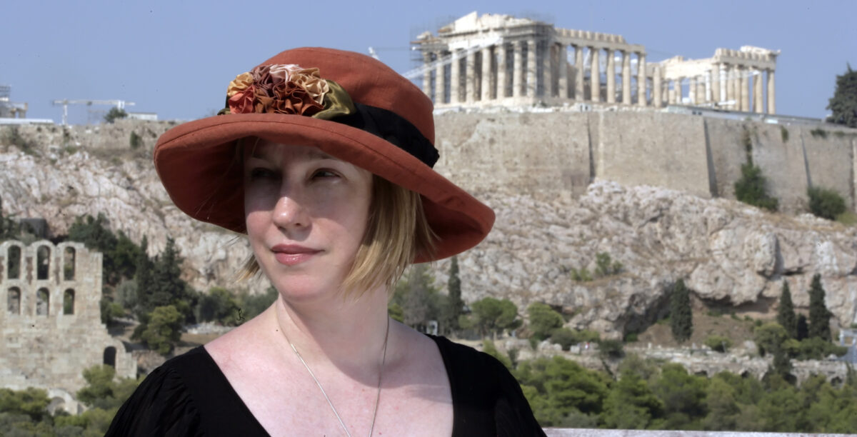 A.E. Stallings in front of the Parthenon