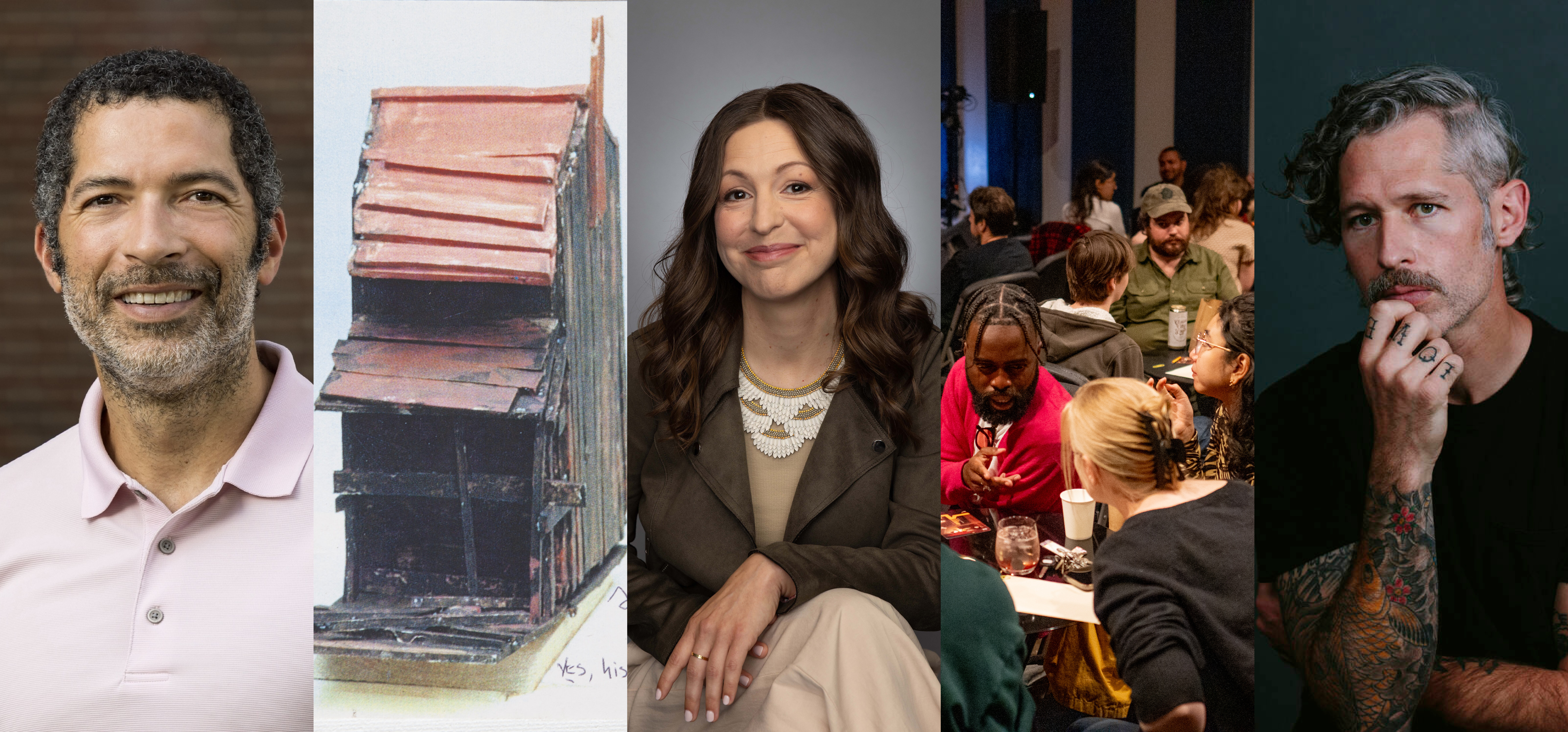 A collage features a smiling man, a model building, a woman posing, a group dining, and a man with tattoos against a dark background.