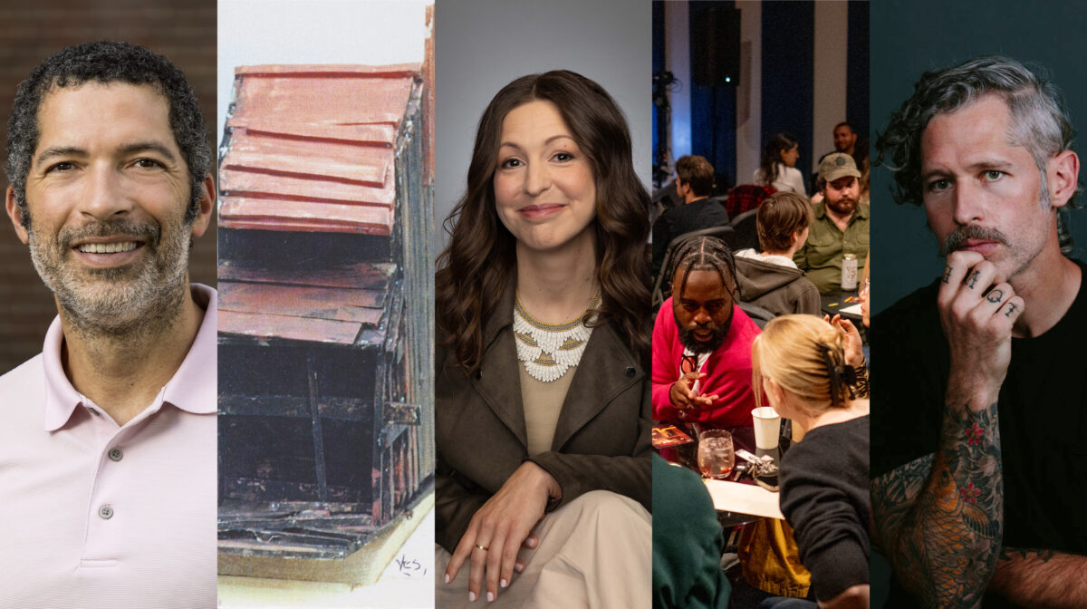 A five-panel collage featuring a smiling man, a burnt structure, a woman smiling, a group of people working at tables, and a man with tattoos sitting thoughtfully.