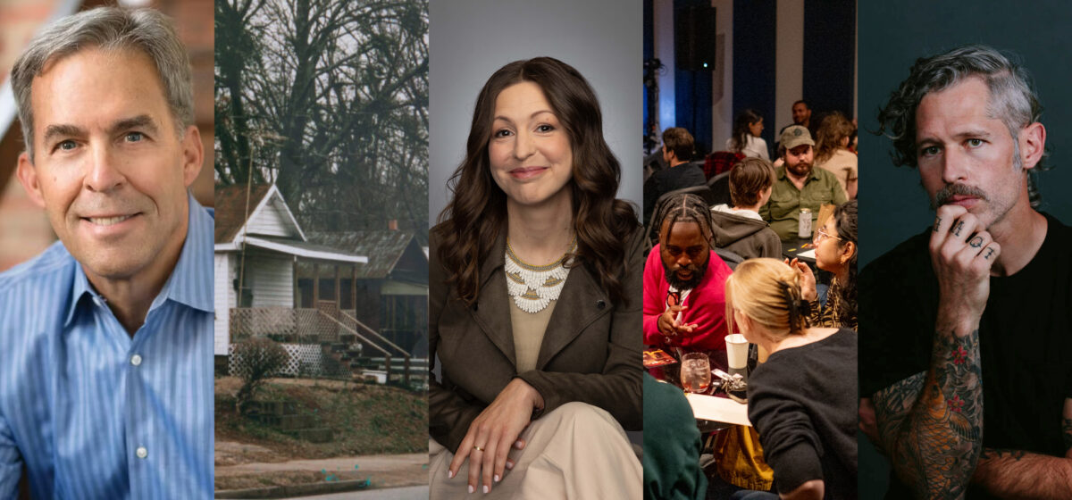 A collage showing a smiling man, a house with trees, a woman posing, a group dining, and a man with tattoos resting his hand on his chin.