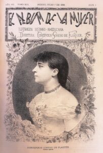 Vintage magazine cover titled El Álbum de la Mujer featuring a portrait of a woman in profile, published in Mexico on July 7, 1889, directed by Concepción Gimeno de Flaquer.
