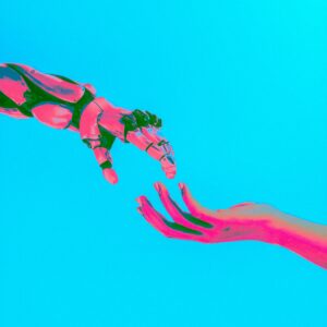 A robotic hand and a human hand reach toward each other against a bright blue background, with pink and blue lighting effects.