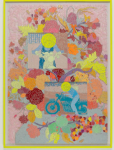 Colorful mixed-media artwork featuring two figures on motorcycles, surrounded by vibrant, layered flowers and leaves, all enclosed in a yellow frame.