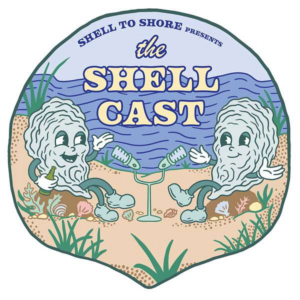 Illustration of two cartoon oysters sitting on a beach with microphones, under the title Shell to Shore presents The Shell Cast.