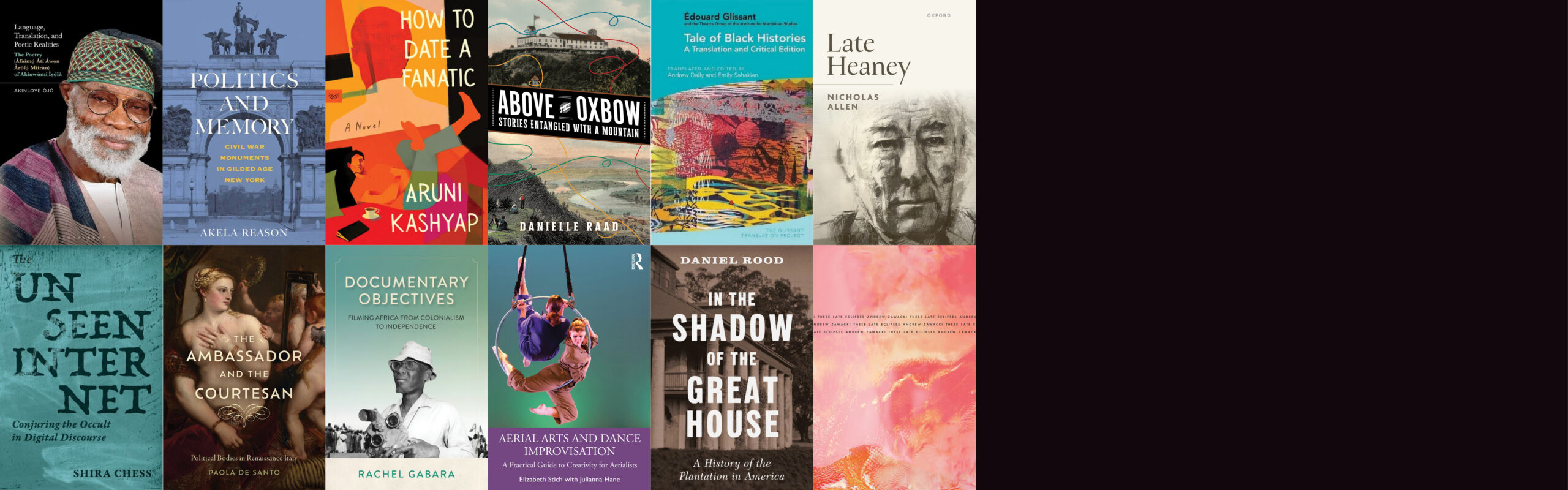 Ten book covers are displayed in two rows, featuring various titles and authors on topics such as history, politics, poetry, and documentary studies.