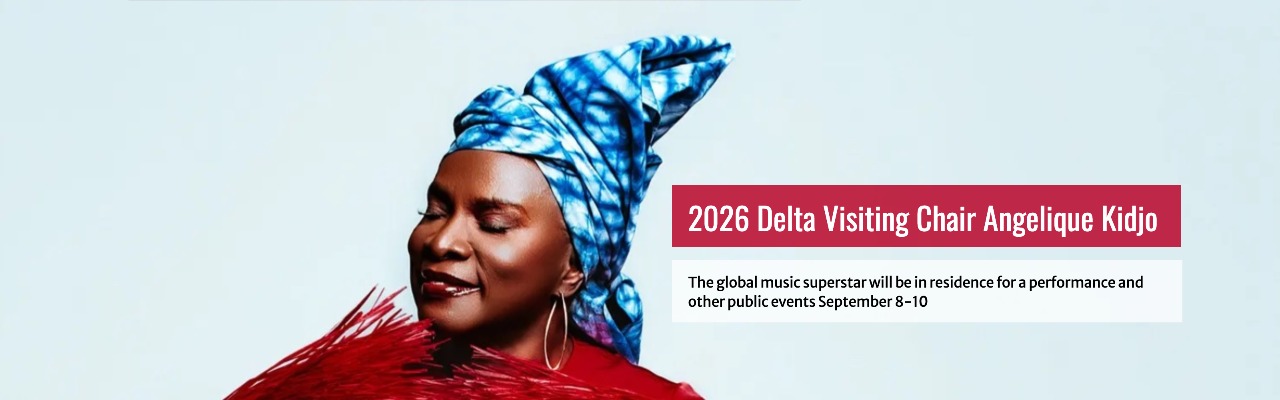 Angélique Kidjo wearing a blue patterned headwrap and red attire, eyes closed, with event details for the 2026 Delta Visiting Chair program displayed beside her.